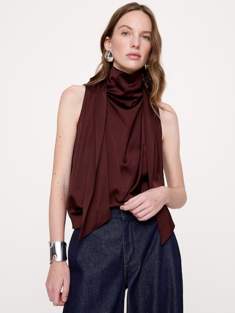 Satin-Stretch Tie-Neck Top
