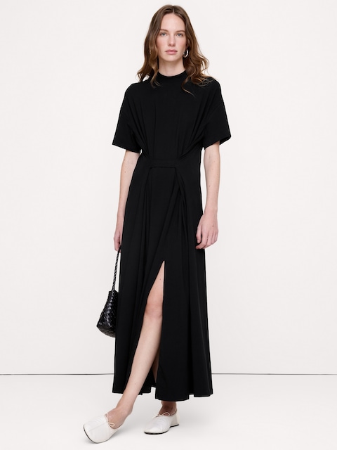ROBE LONGUE SURDIMENSIONNÉE EN COTON EXTENSIBLE À TAILLE NOUÉE
