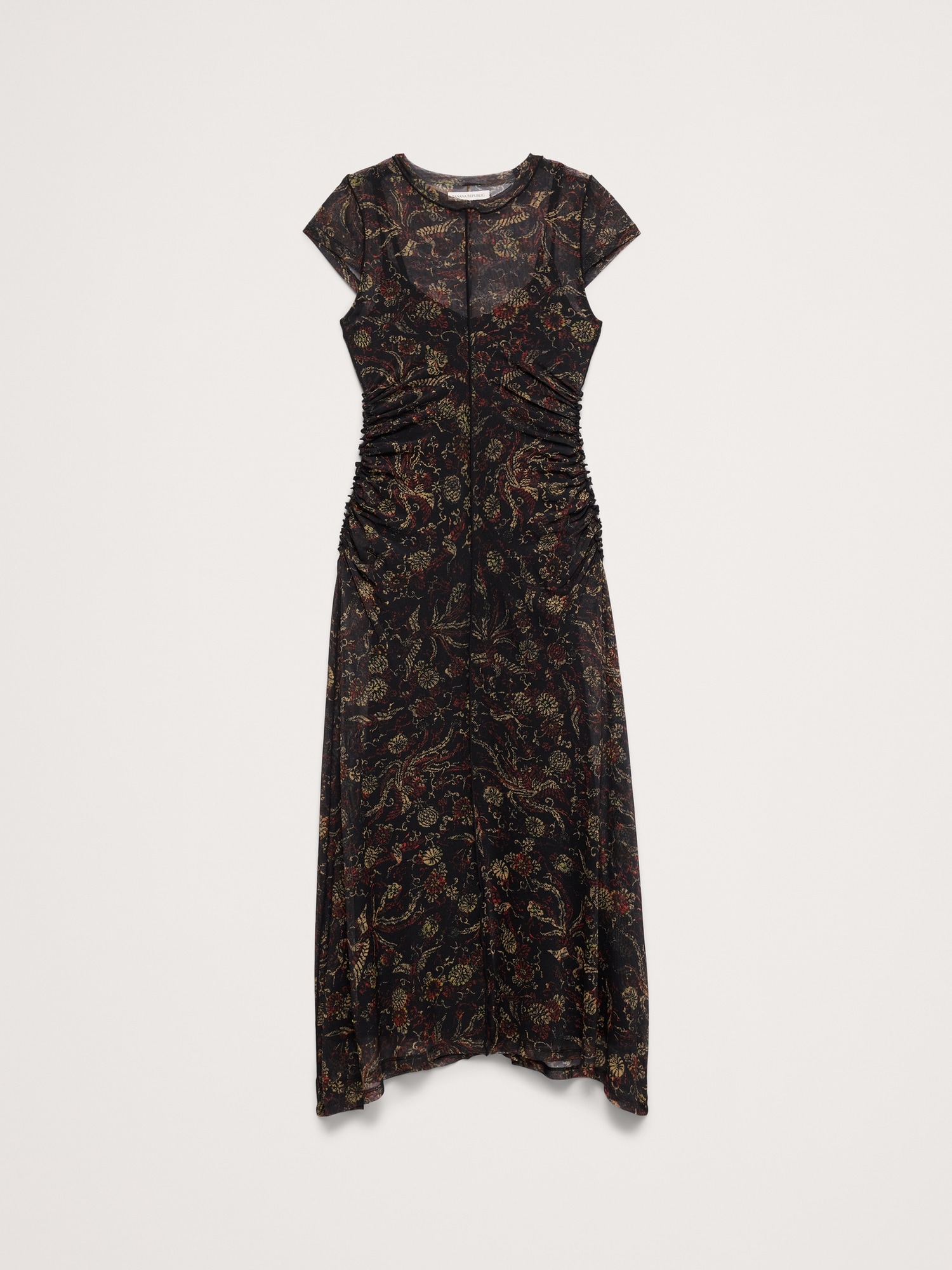 Ruched Mesh Short-Sleeve Midi Dress