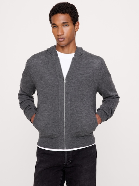 VESTE À CAPUCHON À GLISSIÈRE EN LAINE MÉRINOS