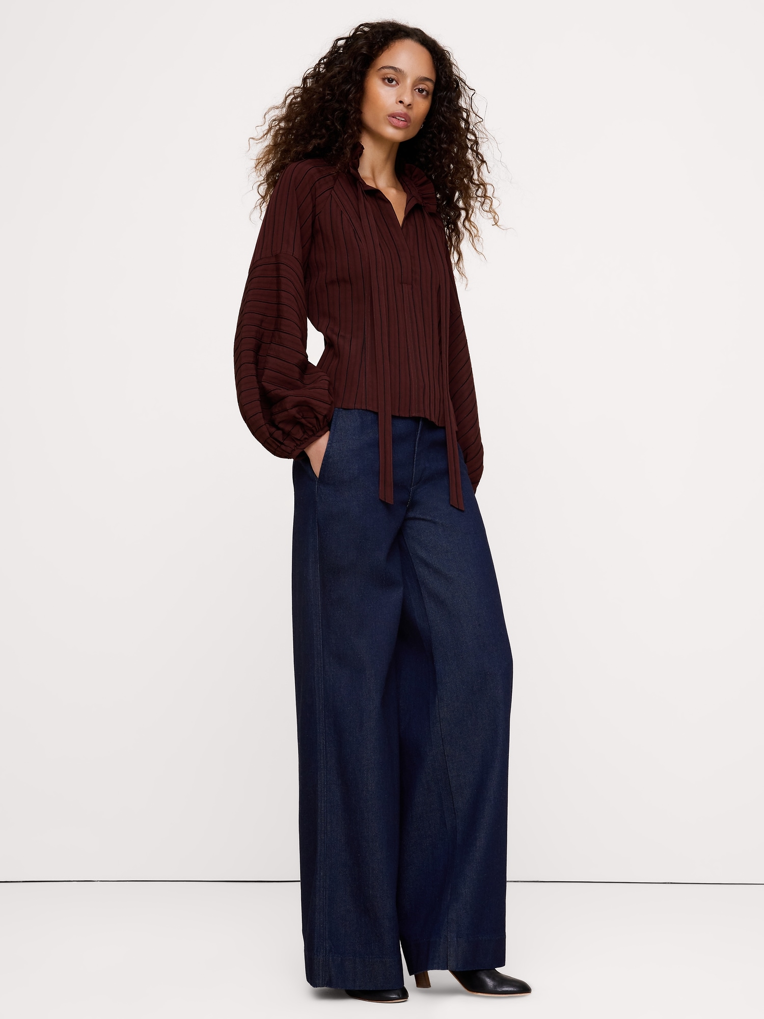Jacquard Ruffle-Neck Peasant Blouse