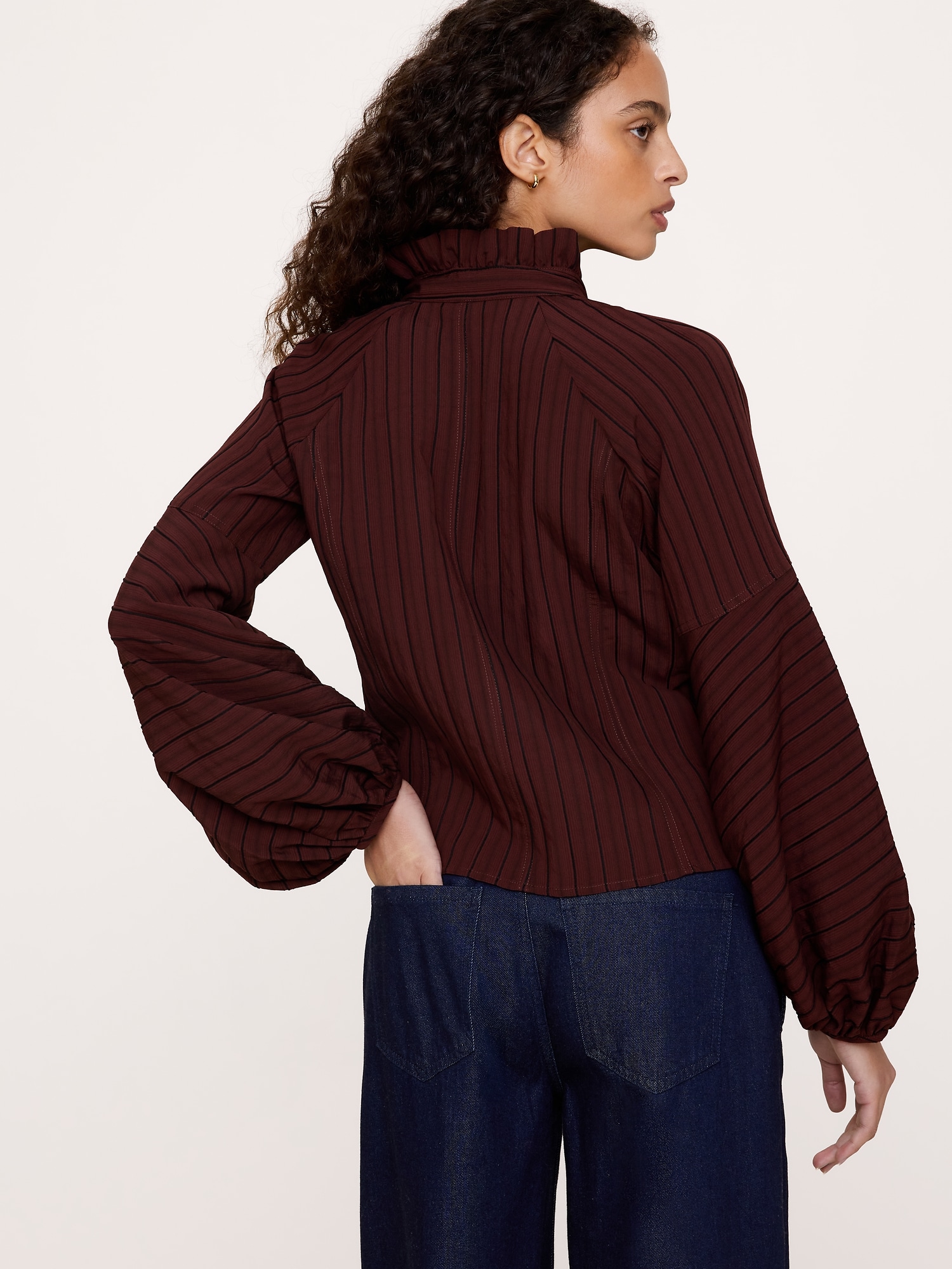 Jacquard Ruffle-Neck Peasant Blouse