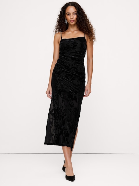 ROBE MI-LONGUE À FRONCES EN VELOURS À EFFET USÉ