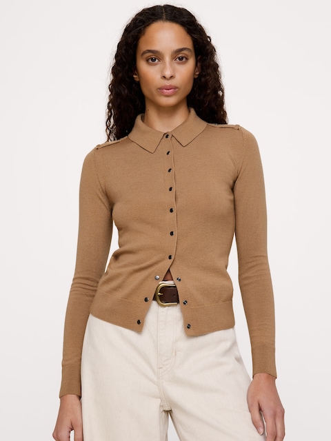 CARDIGAN À COL POLO EN LAINE MÉRINOS