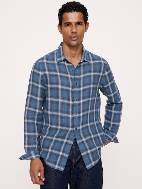CHEMISE À COUPE STANDARD EN LIN ET COTON À CARREAUX