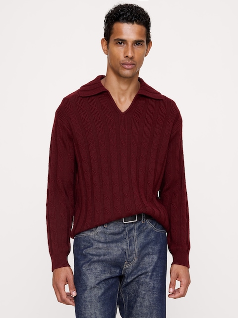 CHANDAIL À COL POLO TRICOTEUSE EN MÉLANGE DE LAINE TORSADÉ