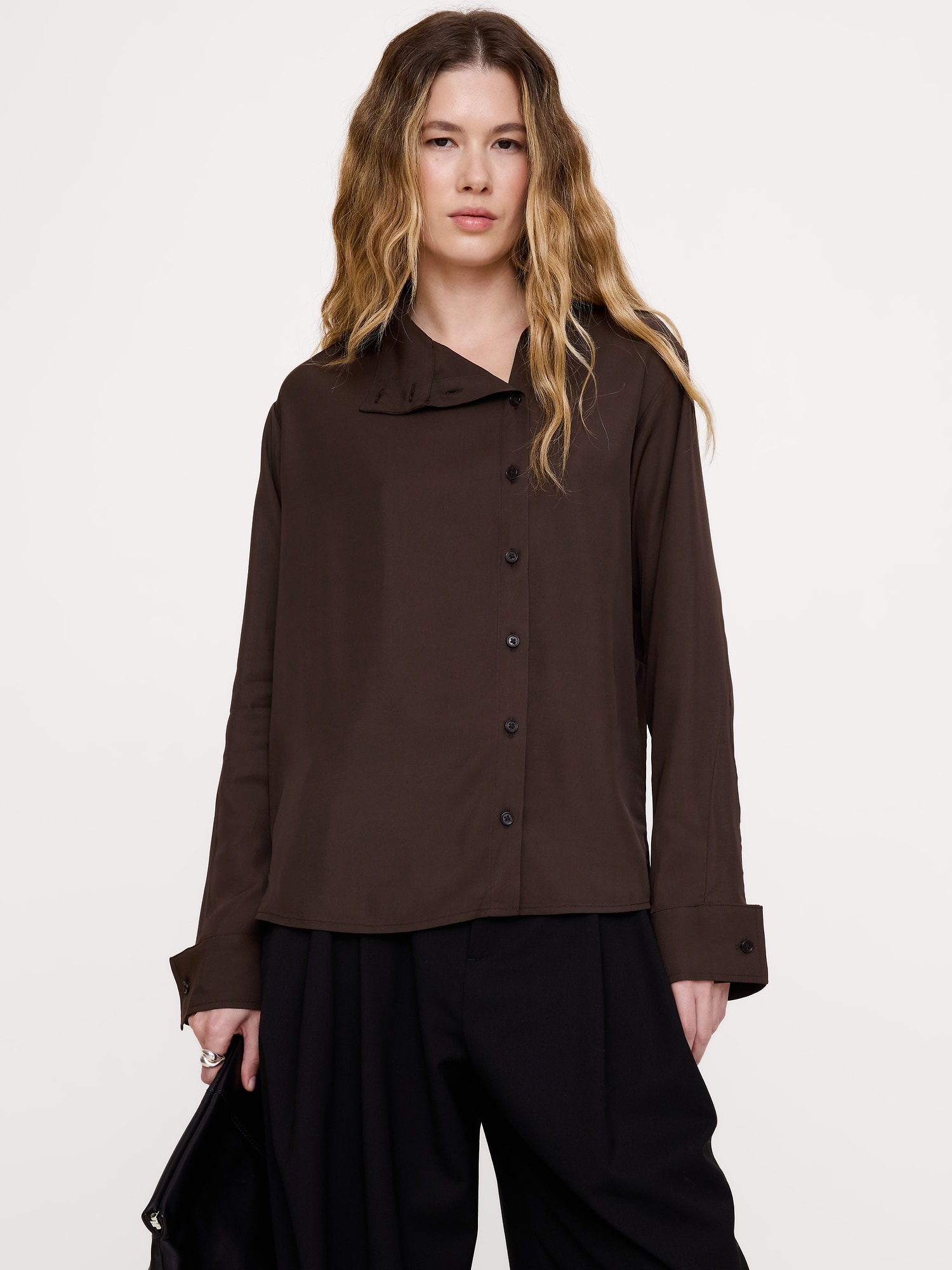 Drapey Twill Asymmetrical Button-Front Blouse
