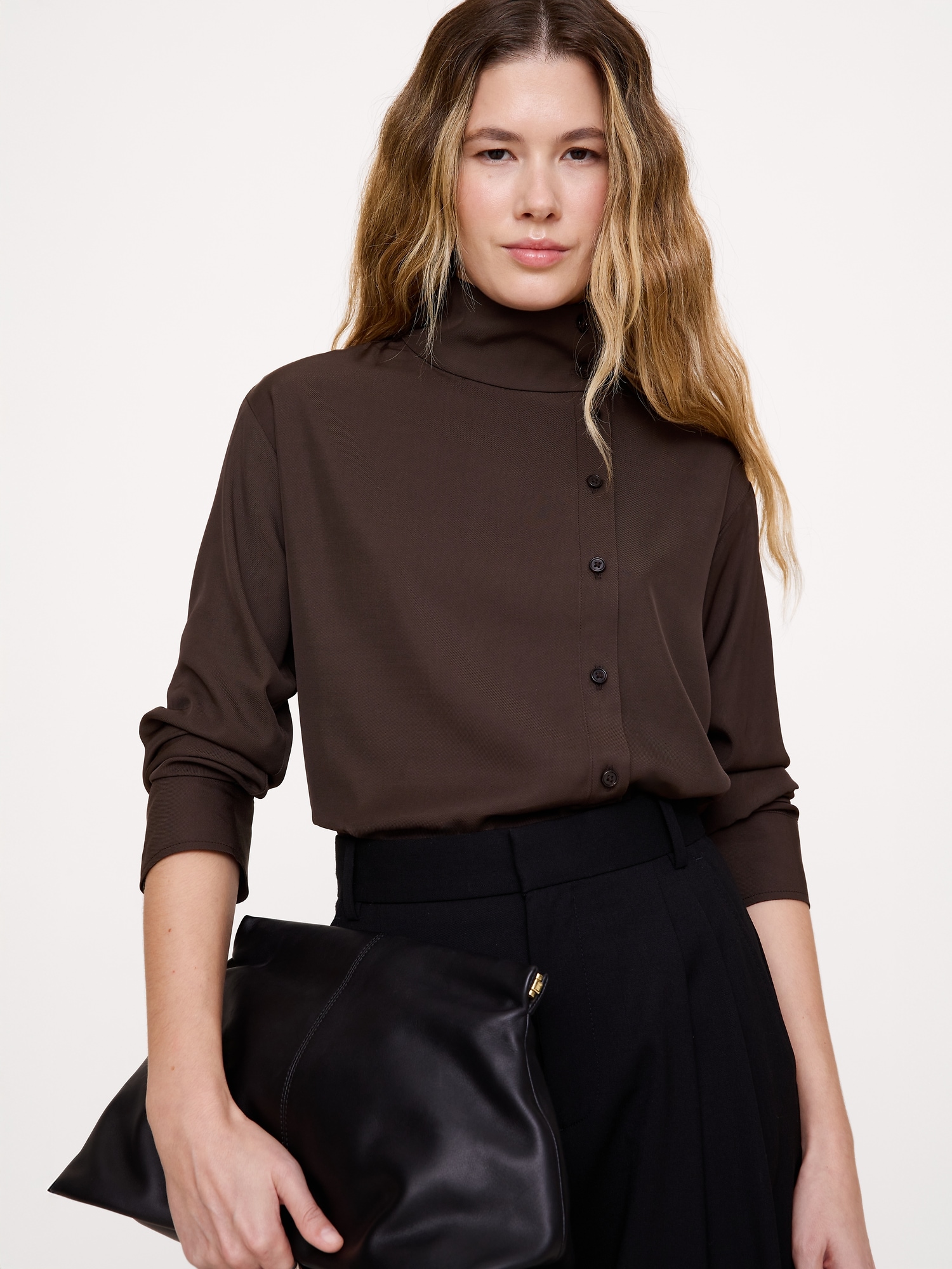 Drapey Twill Asymmetrical Button-Front Blouse